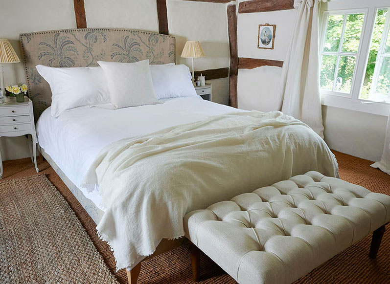 2 Brick Lane Bed in Floral Linen Filicopsida Batik with Pentlow Footstool in Sole Linen